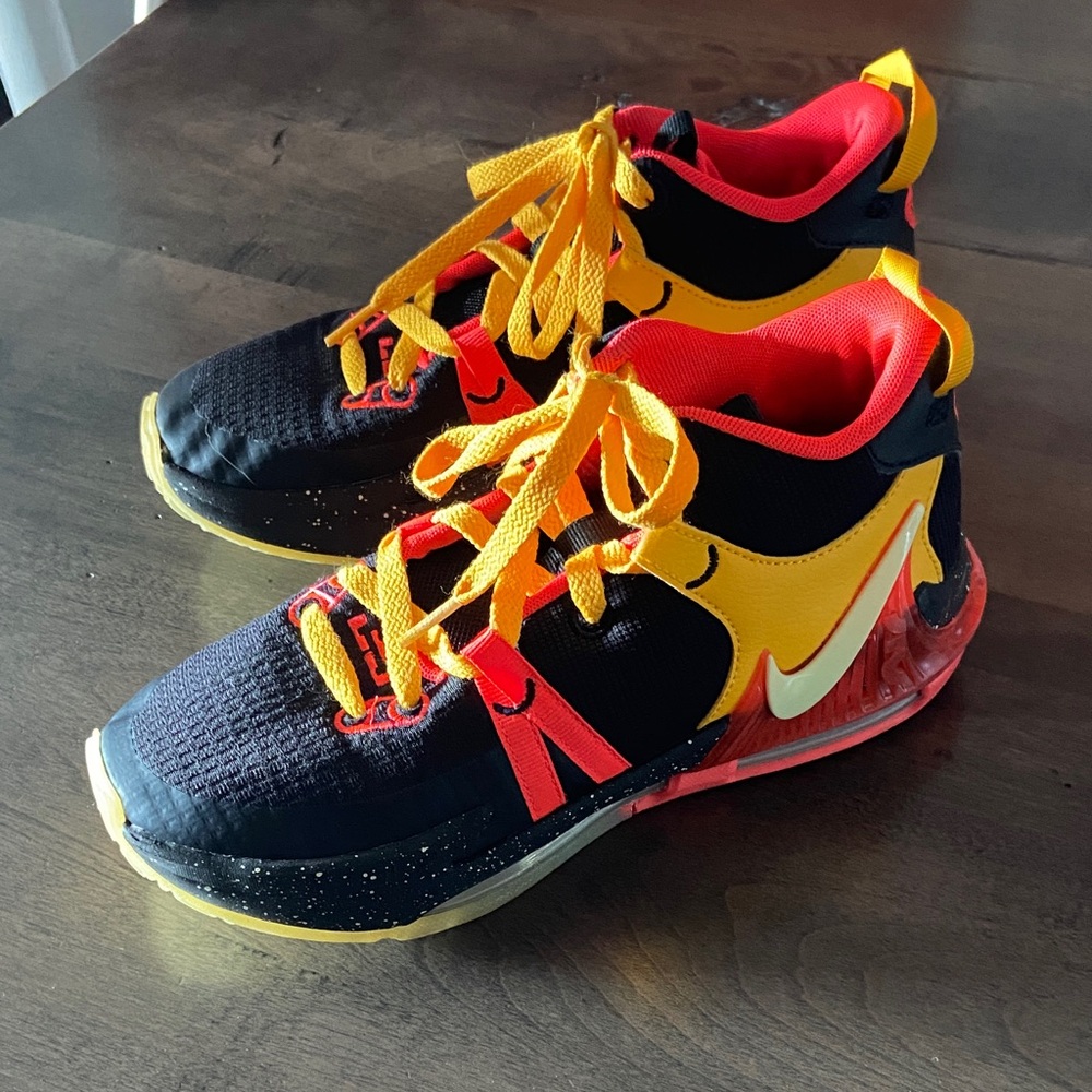 Nike Kids' King James Black and Red Sneakers with Yellow Accents